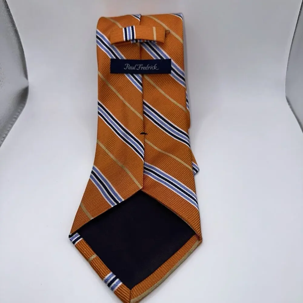 Paul Fredrick Mens Tie Orange Blue Gold Striped 100% Silk 58 x‎ 3.5 Classic